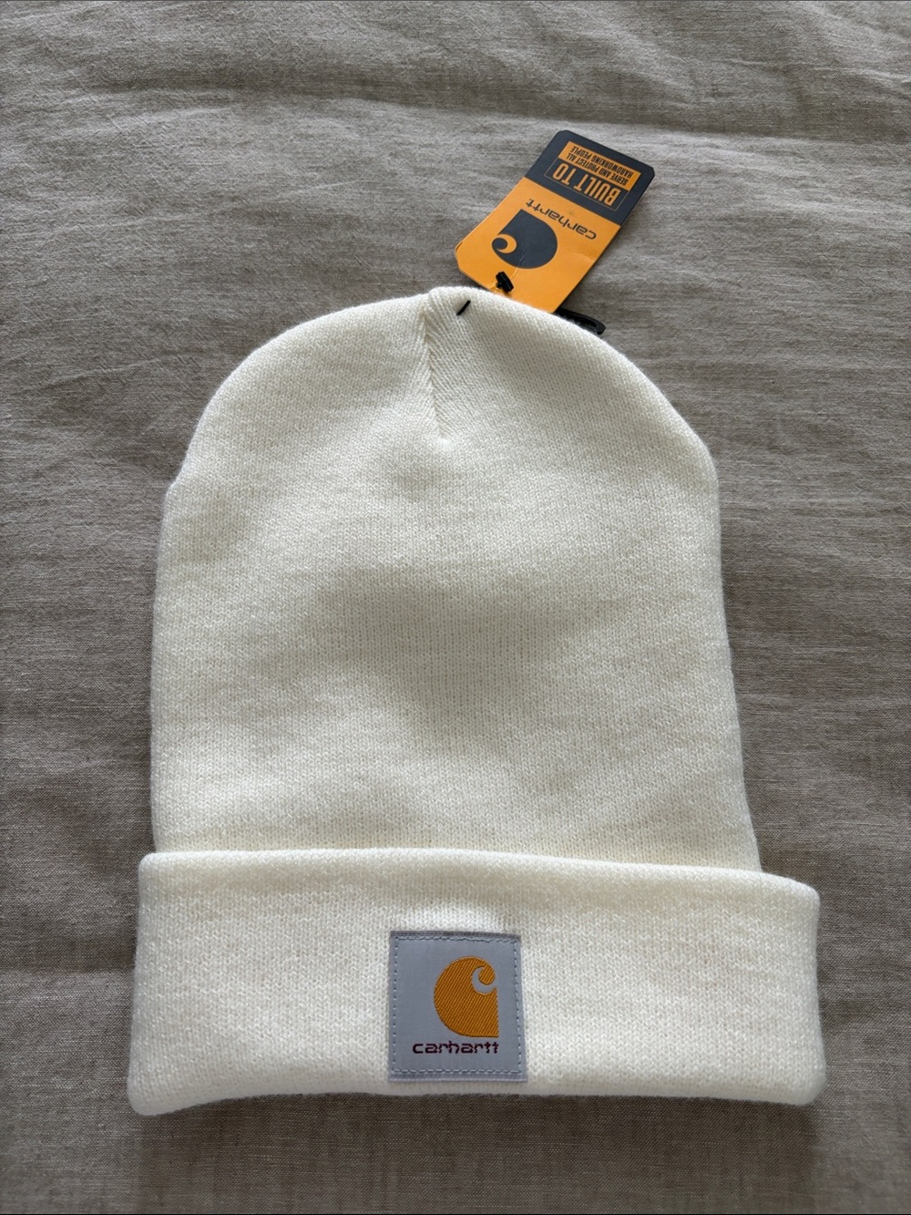 NWT Carhartt Cream Beanie with Gold Logo Patch (one size)